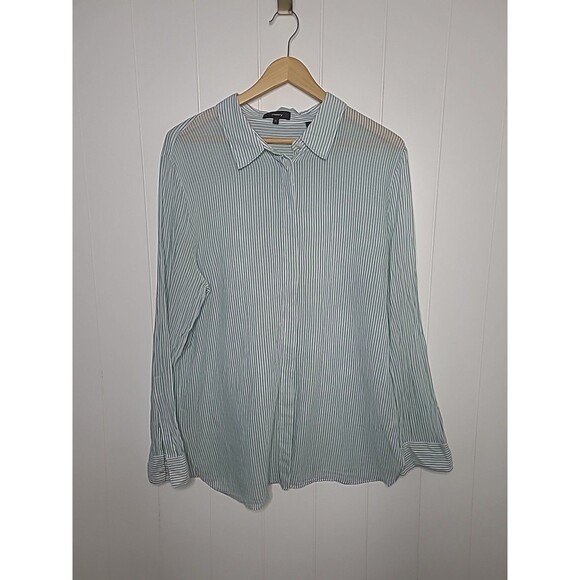 Theory Top Womens Classic Straight Size XL 100% Organic Cotton Stripe Teal White - Picture 1 of 9